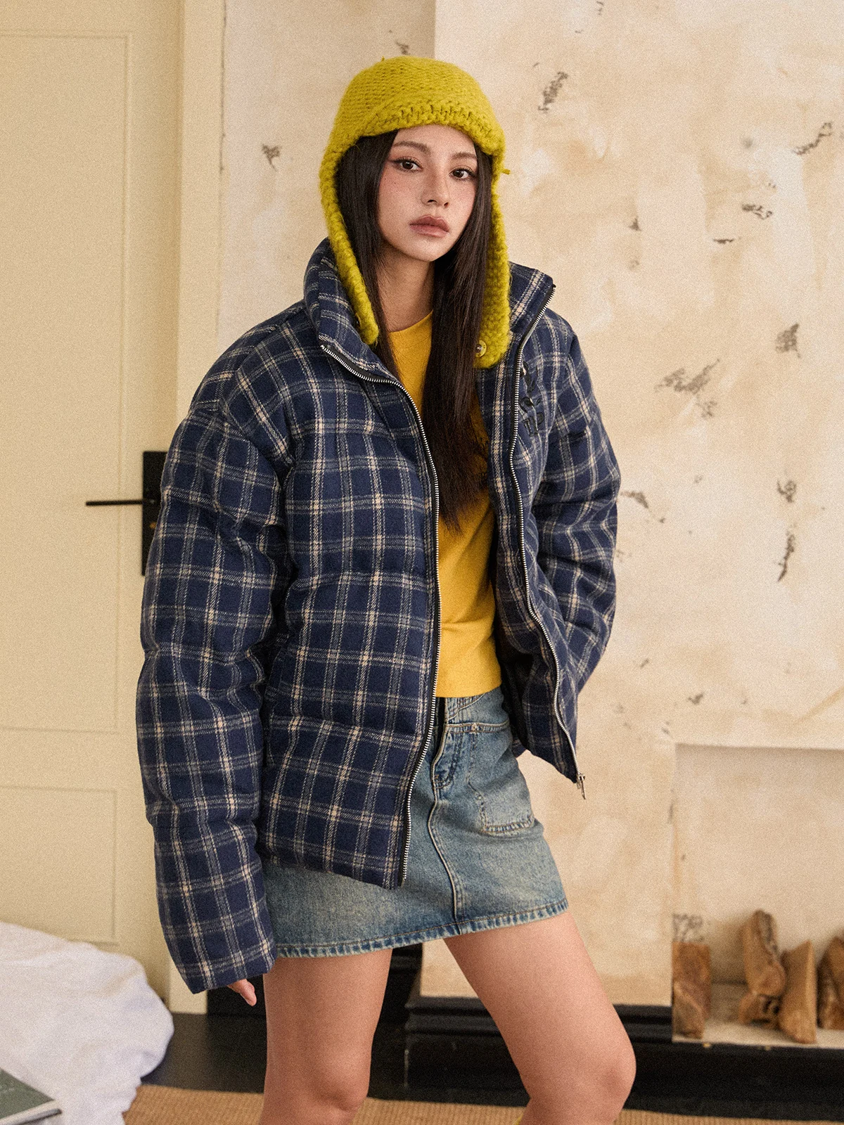 

EZEK American Retro Plaid Thi, теплое женское пальто Jaet Street Sle, свободное зимнее пальто в стиле хип-хоп, длинное пальто све на молнии