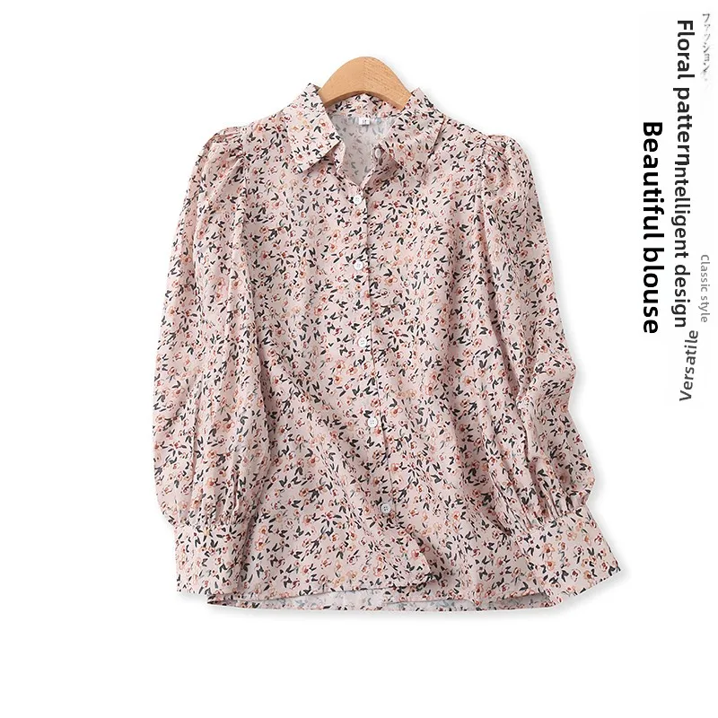

Floral Print Bubble Sleeve Long Sleeve Single Button Shirt Versatile Spring Summer New Women's Clothing Slimming Effect 14814