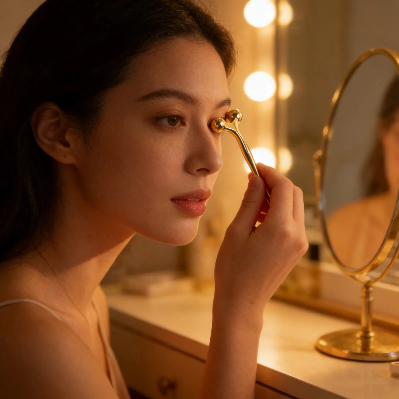 Rodillo Masajeador Facial de Metal de Doble Punta Dorado, Herramienta Manual para Esculpir Rostro y Cuello, Masajeador para Lifting Facial y Cuidado de la Piel