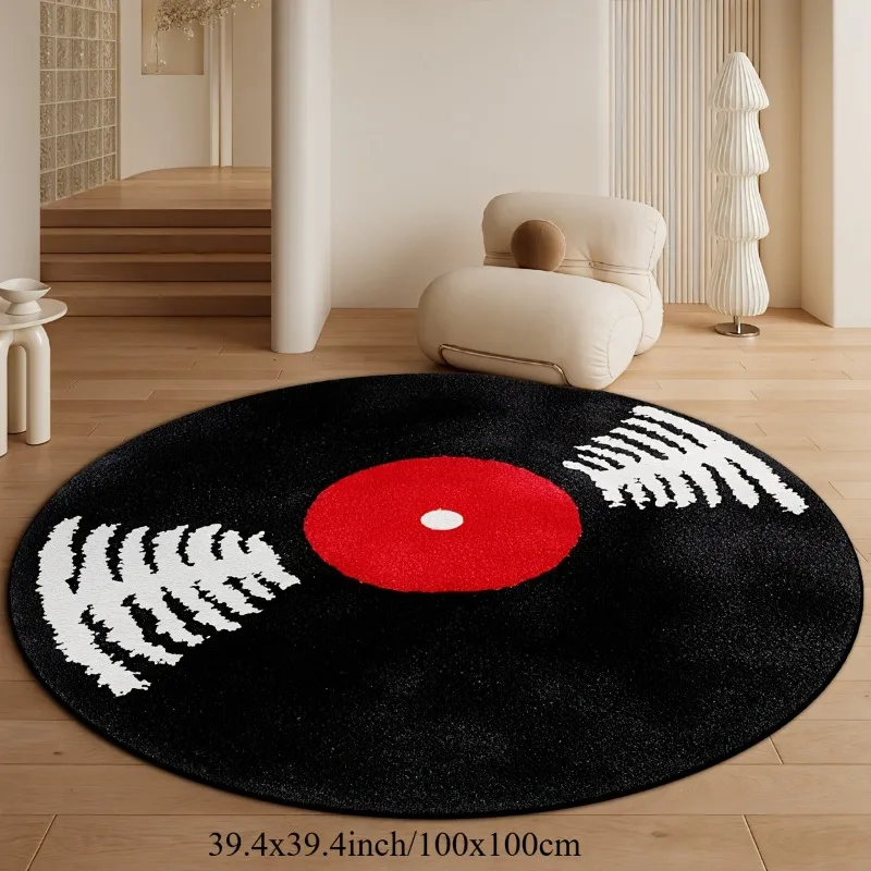 Vinyl Record Round Area Rug Flannel Soft Non Slip Music Themed Floor Mat for Living Room Bedroom Studio Home Decor Retro Style