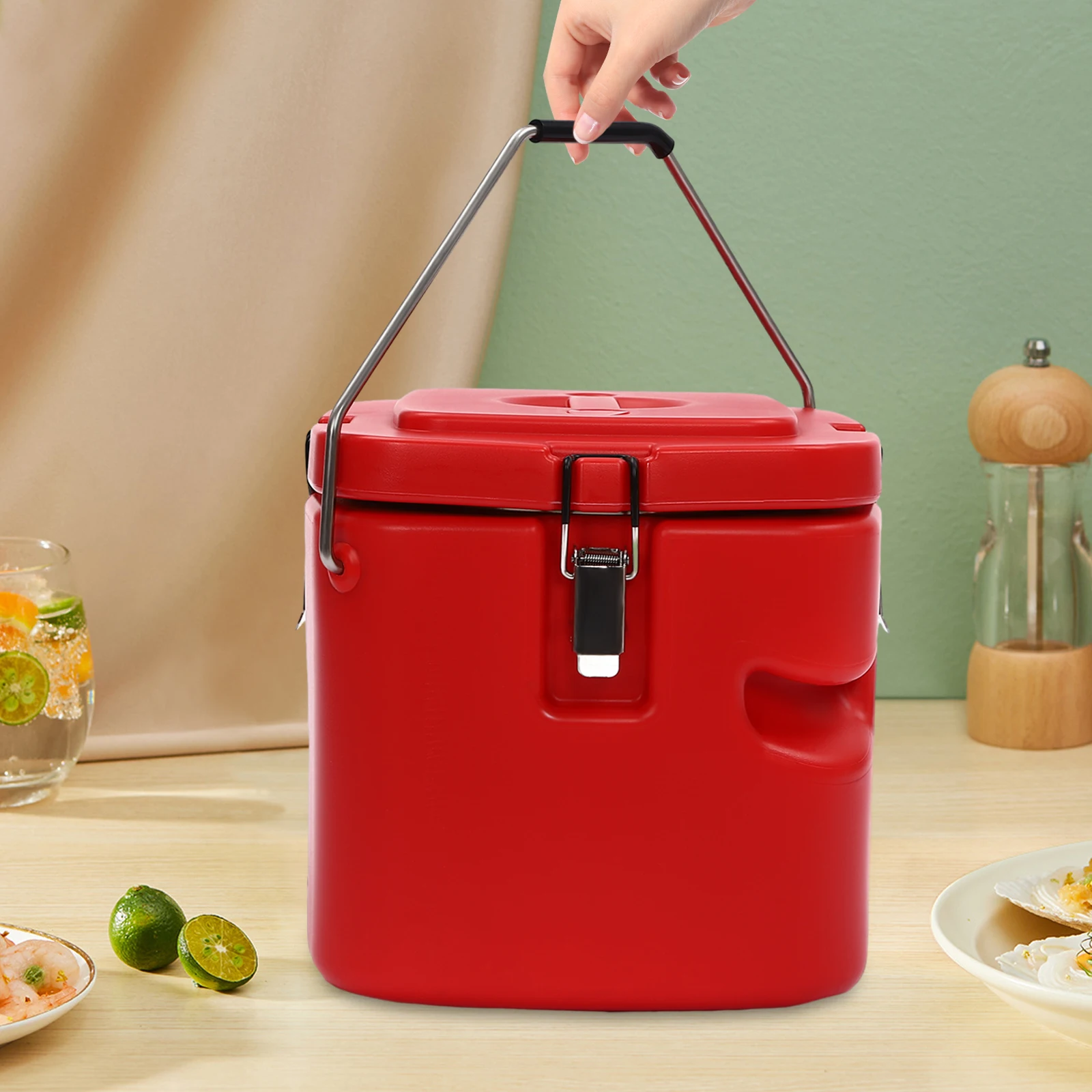 

30*30*29cm 9.5L Red Commercial Food Warmer Insulated Soup Container Rectangular with Ventilation Valve Smooth Edges