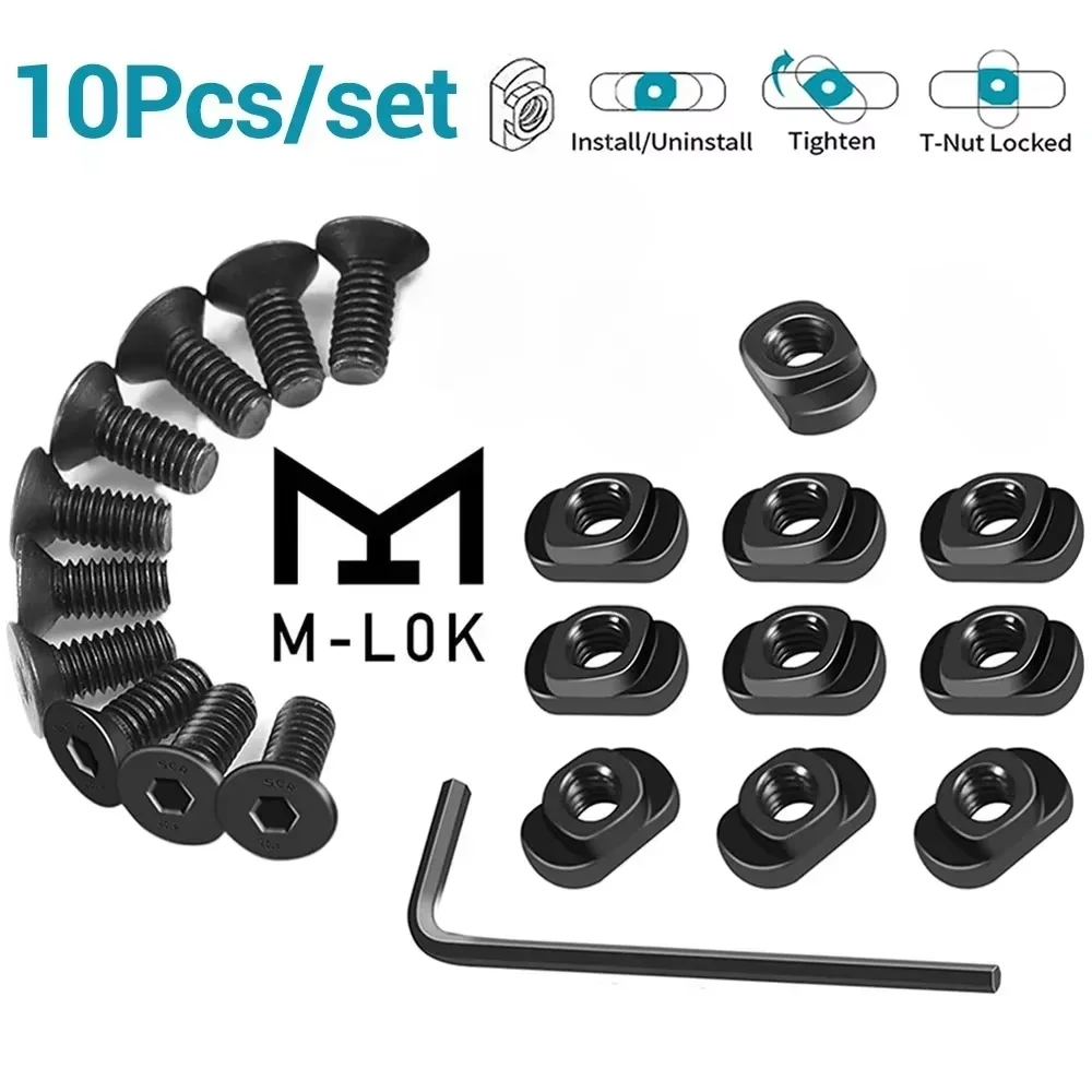 10Pcs M-LOK Screw and Nut Replacement Rails T-Nut Screw Replacement Set for MLOK Handguard Rail Sections Camping Gun Accessories