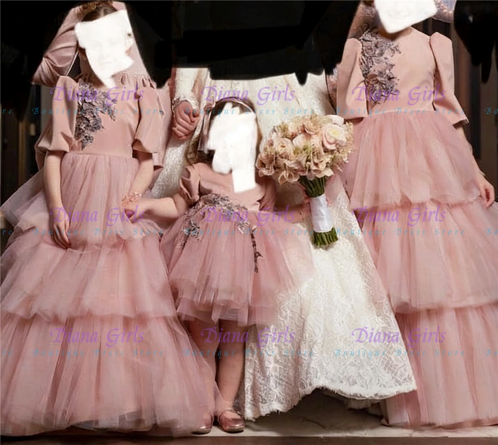 

Элегантное розовое тюлевое пышное платье с цветочным узором для девочек с изысканной аппликацией для маленьких девочек, вечерние бальные платья на свадьбу, день рождения