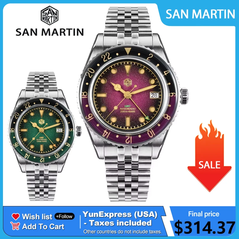2025 New San Martin SN0134G Men Watch NH34 GMT Sandwich Dial 40mm Bidirectional Sapphire Bezel Luxury Sports Watch 20Bar Watches