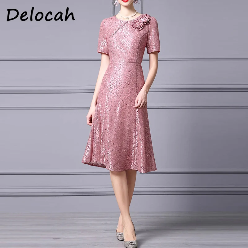 

Delocah Summer Women's 2025 New Party Dress High Waist Appliques Short Sleeved Sequins Lace A-line Dresses