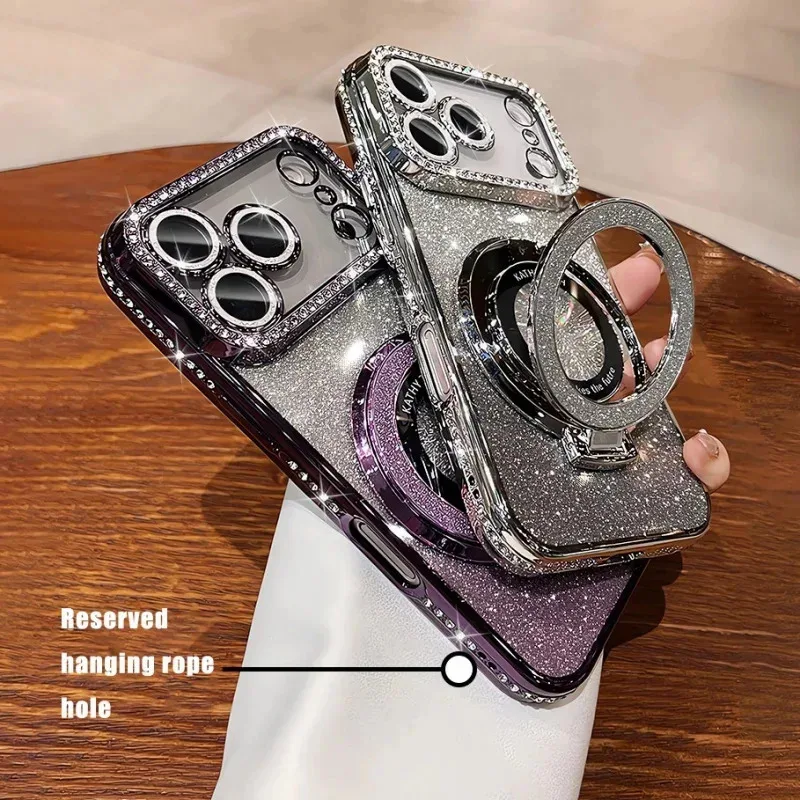 Picture 4: Plating Transparent Diamond Glitter Magnetic Phone Case for iPhone 17 16 13 14 15 Pro Max Lens Protection Bracket Back Cover