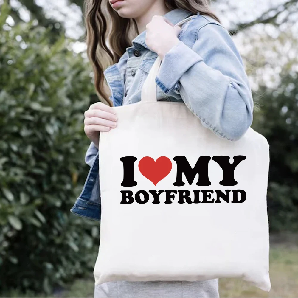 I Love My Boyfriend Tote Bag Canvas Bag Matching Couples Shopper Handbags Reusable Shoulder Tote Bag Valentines Day Tote Bag