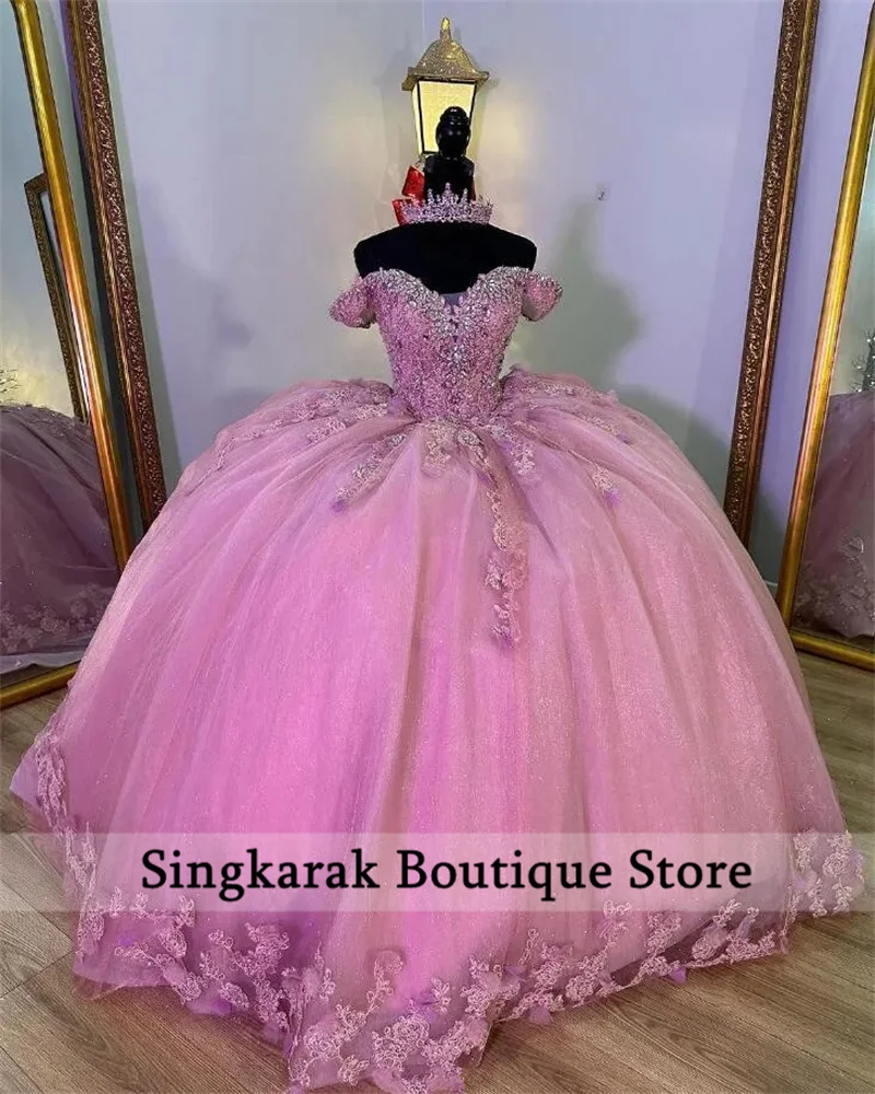 Pink Off Shoulder Beading Crystal Princess Quincenara Dresses Ball Gown Flowers Appliques Lace Sweet 15 XV  Customized