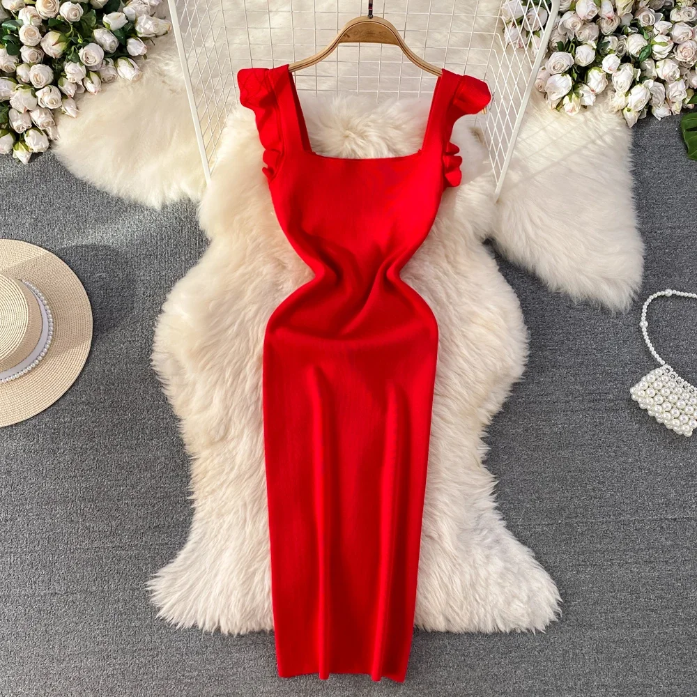2025 New Summer Women's Knitted Strapless Dresses Knitwear Sheath Elegant Bodycon Wrap Red Sexy Dress Female
