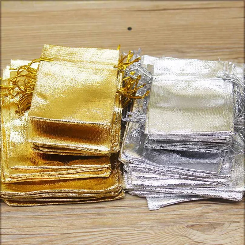 50 pieces of large-sized gold and silver special design necked bag for wedding gifts, candy jewelry, and jewelry bags