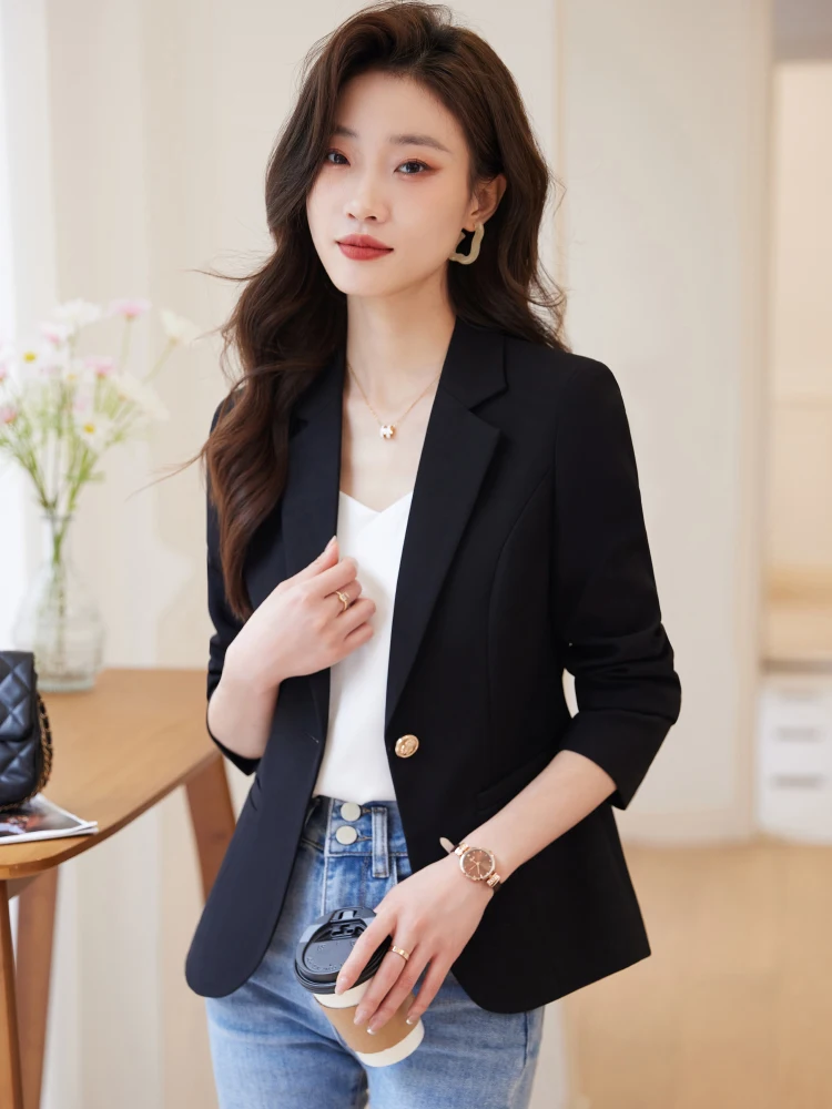 

Элегантный черный пиджак для женщин, приталенный, универсальный, в корейском стиле, весна-осень, из полиэстера, с длинным рукавом