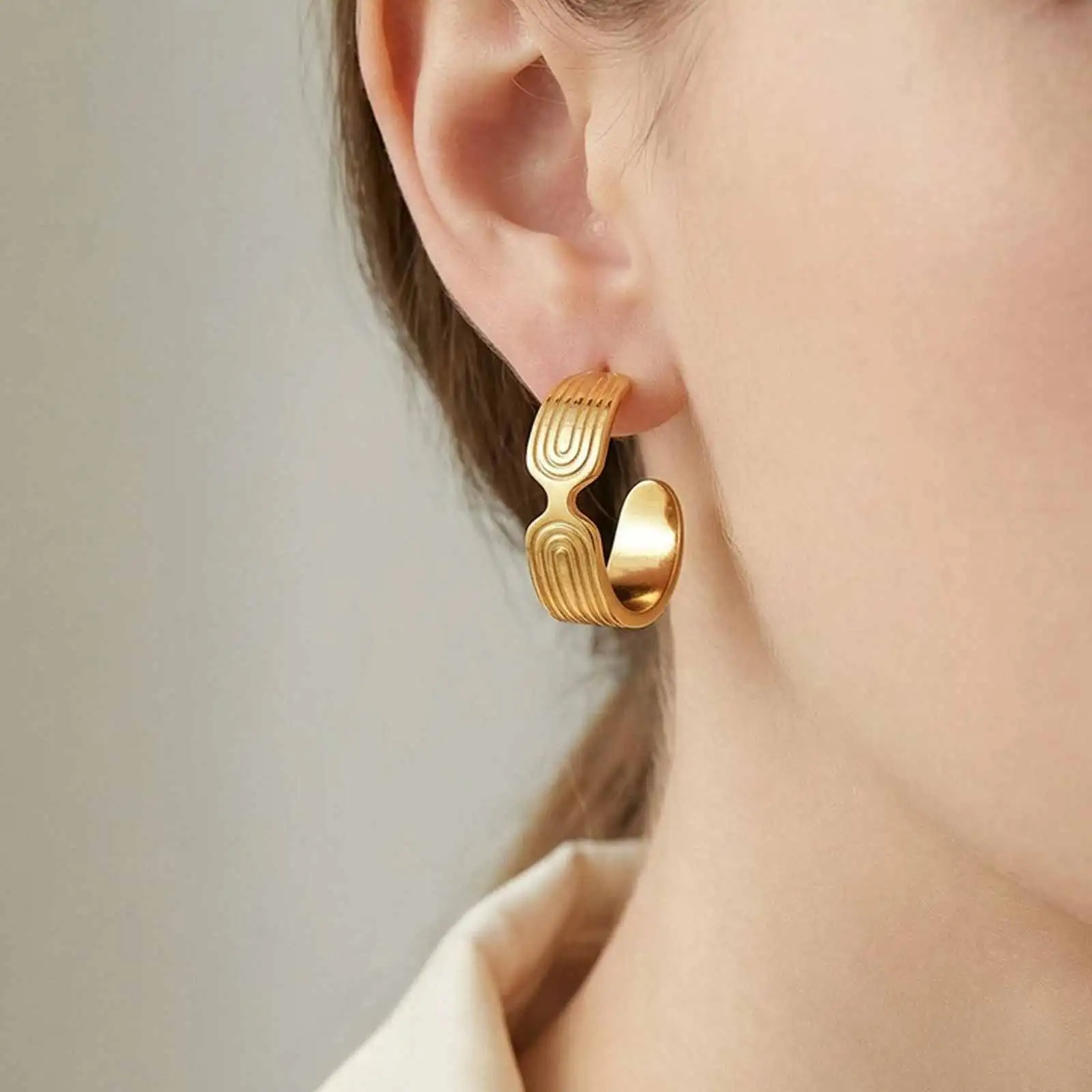 

Stainless Steel Textured Hoops Women Earrings, C shape Gold Color Asymmetric Waterproof Jewelry