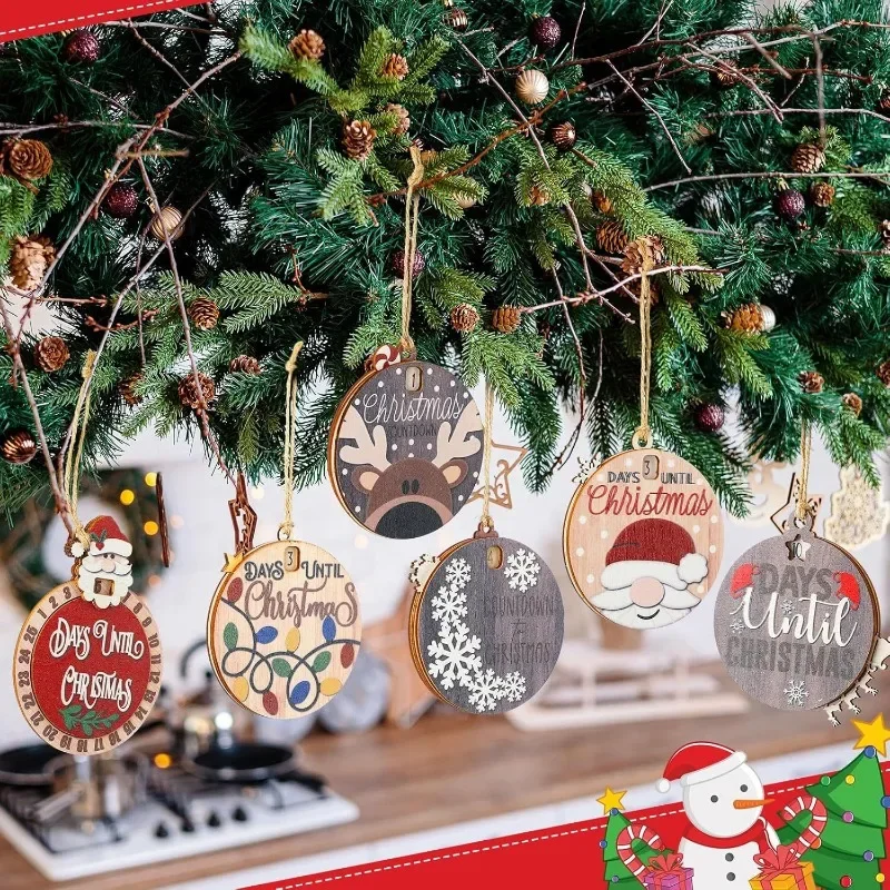 1-20PCS Rustic Wooden Christmas Hanging Ornament Santa Claus Round Tree Decorative Tag for Home Party Indoor Outdoor Supplies