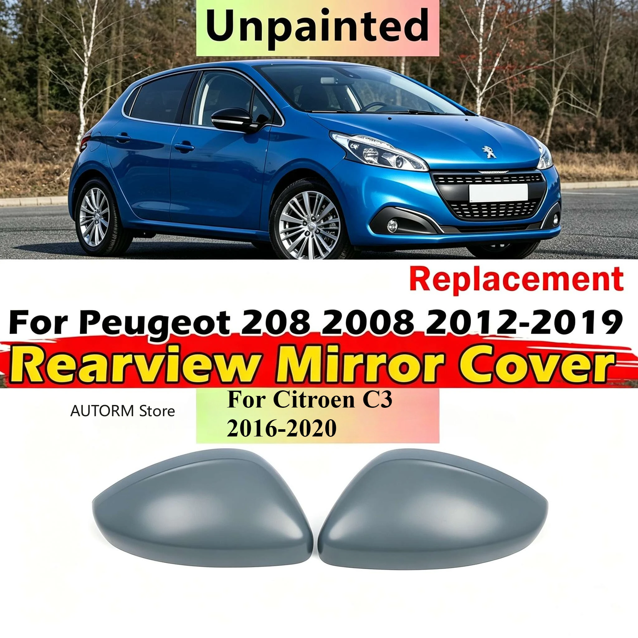 

For Peugeot 208 2008 2012-2018 For Citroen C3 2016-2020 Unpainted Rearview Mirror Cover Gray Wing Side Mirror Caps Trims