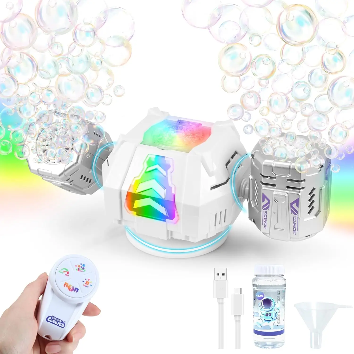 

Перезаряжаемая машина для мыльных пузырей с RGB-подсветкой, 360° ° Автоматическое вращение для детских вечеринок: веселье в помещении и на улице