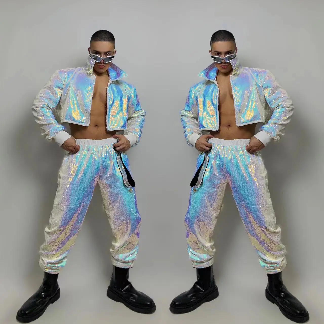 Hip Hop Jazz Dance Performance 2 Piece Costume Male Glitter Sequins Tops Pants Set Bar Club Party Rave Outfit Dancer Stage Wear