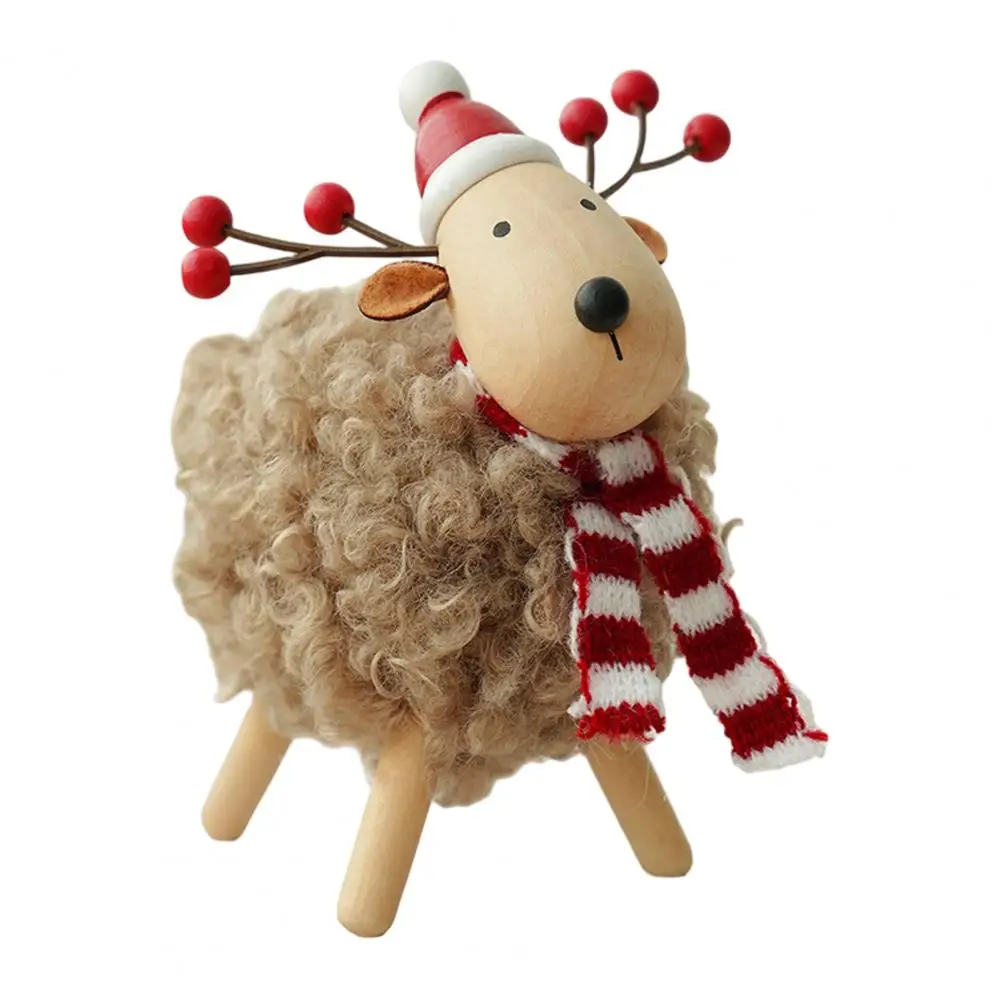 Durable Wood Tabletop Decor Wooden Christmas Sheep Figurine with Scarf Santa Hat Plush Fleece Lamb Tabletop Ornament Rustic