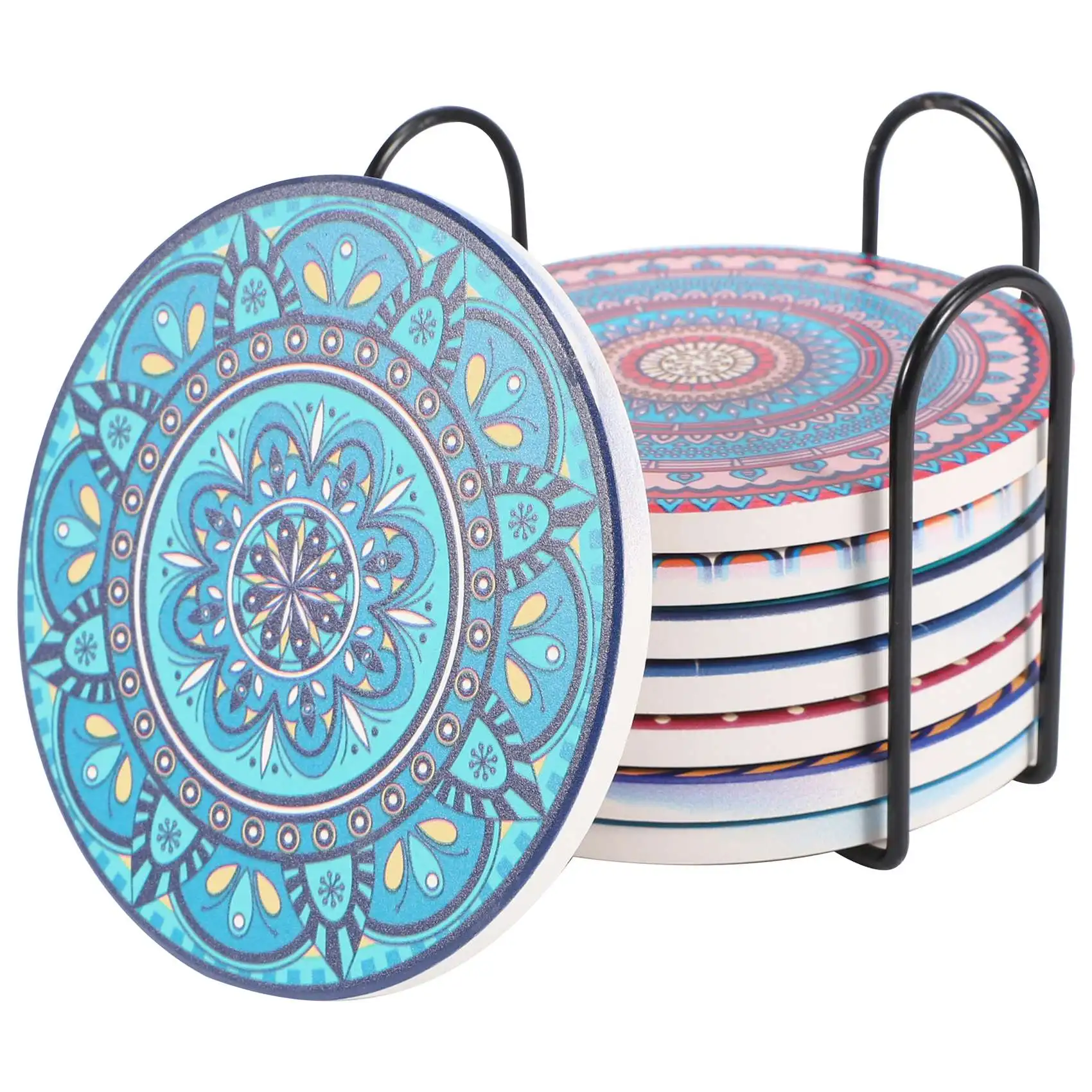 Coasters For Drinks, Set Of 8 Absorbent Stone Coasters For Wooden Table, Mandala Coasters With Cork Base-A68E