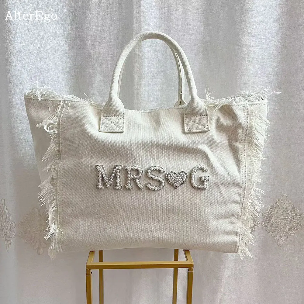 Tas Tote kanvas MRS A-Z Fringe Tote untuk wanita kapasitas besar Rhinestones huruf bulan madu pengantin untuk menjadi kanvas tas Tote Travel