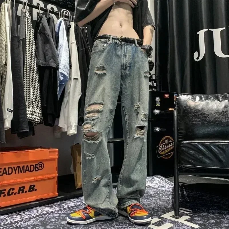 Trousers Torn with Holes Men's Jeans Broken Man Cowboy Pants Wide Leg Ripped Straight Hip Hop Y 2k Vintage Washed Y2k Stylish Xs