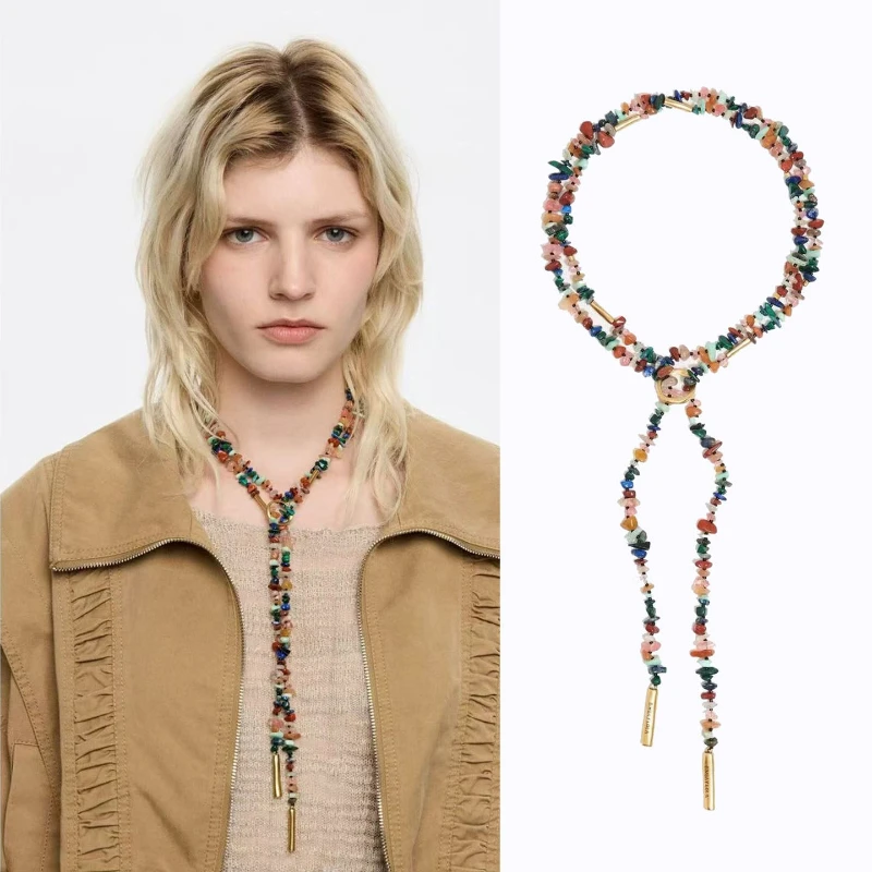 Bohemian Multicolored Irregular Crystal Agate Pebbles Beaded Necklace Light Luxury Vacation Long Necklace That Can Be Stacked