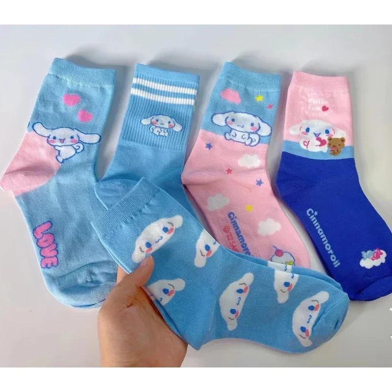 

5pairs Sanrio Funny Cinnamoroll Cartoon Socks Women's Blue Combed Cotton Mid-Calf Stocks Kids Cute Gilrs Puppy Stockings