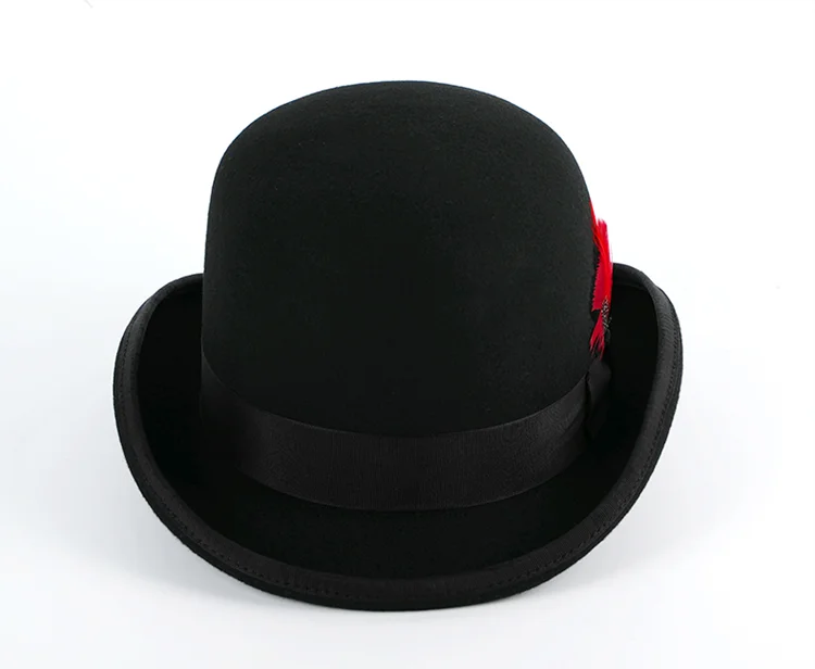 100% Wool Round Crown Hard Top Hat, Fashion Unisex Bowler Derby Hat, Black Wool Felt Dress Fedora Cap
