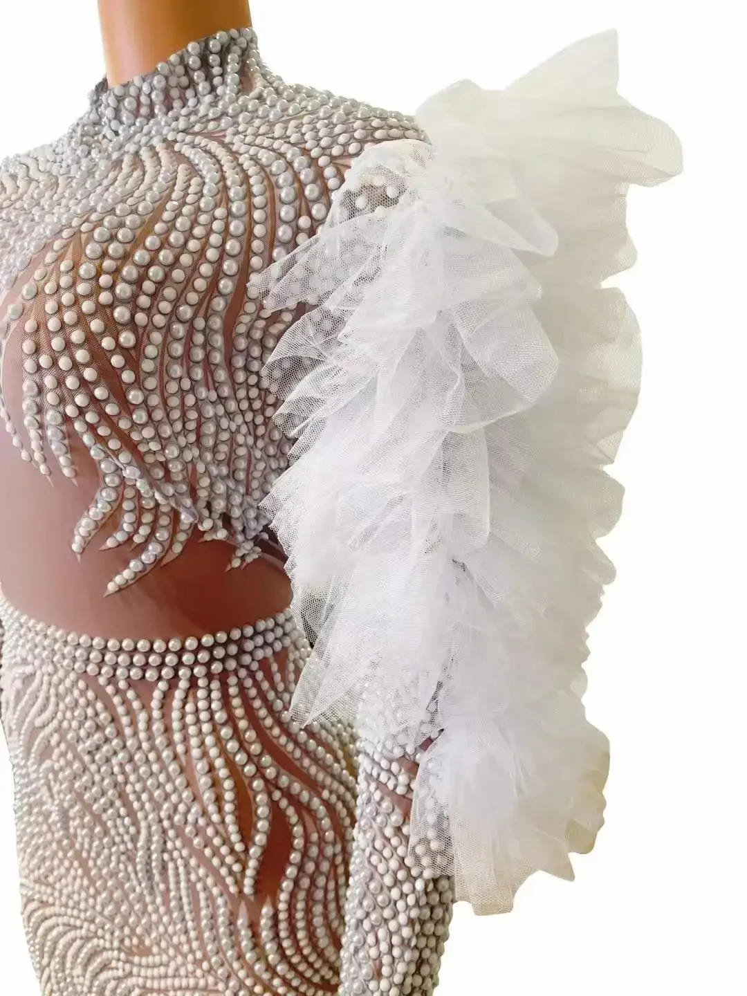 Damskie bufiaste rękawy Rhinestone Mesh Sheer wieczór weselny eleganckie sukienki urodzinowe na przyjęcie barowe