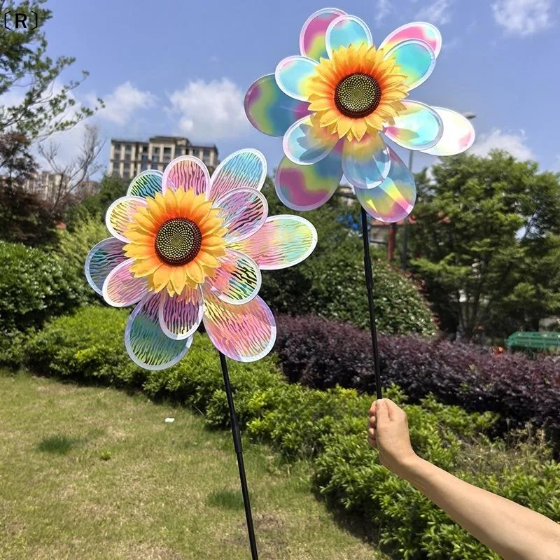 〔R〕1 Piece Colorful Film Illusionary Flame Color Changing Sunflower Windmill Double-layer Wind Spinner Kids Toys Garden Decor