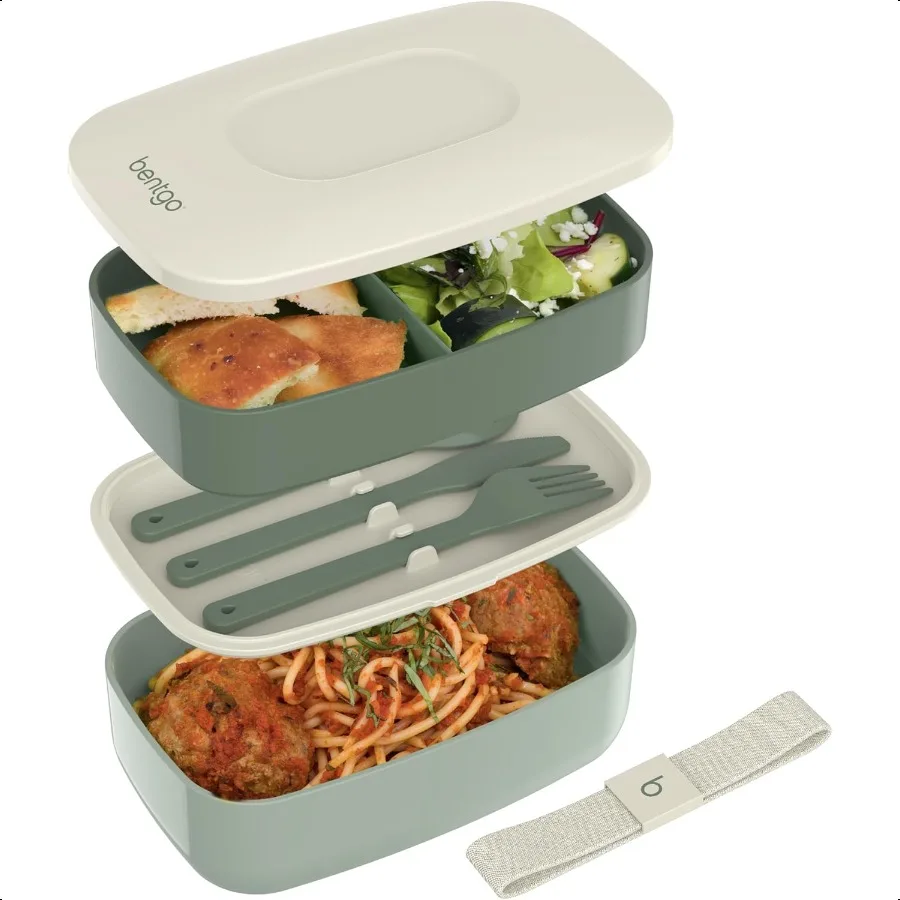 

Classic Adult Bento Box Stackable 3Compartment Lunch Box with Removable Utensil Set and Sealing Strap BPAFree Food Container Id