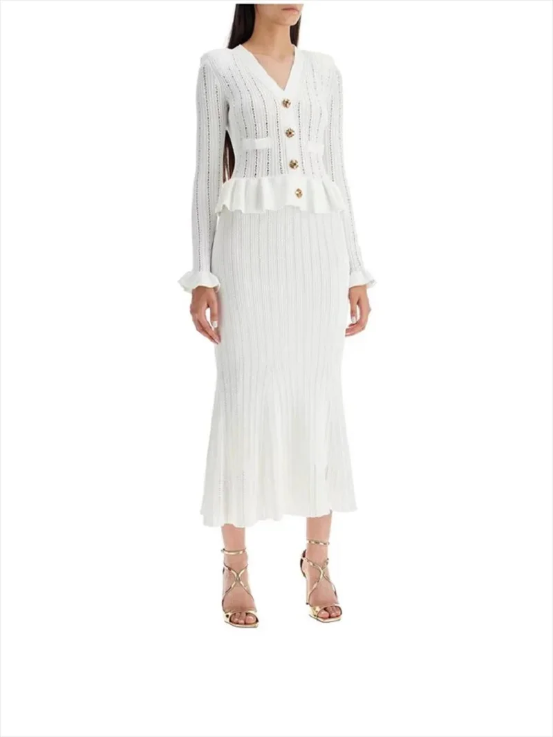 

Celebrity temperament blue V-neck knitted women's dress ruffled splicing stretch Slim long fishtail dresses 2024 summer new