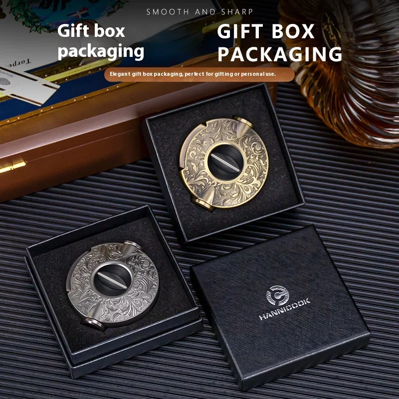 Bronze Engraved Cigar Cutter Guillotine,Round Double Stainless Steel Blade,3in1 V-Cut Straight Punch Cigar Clipper with Gift Box