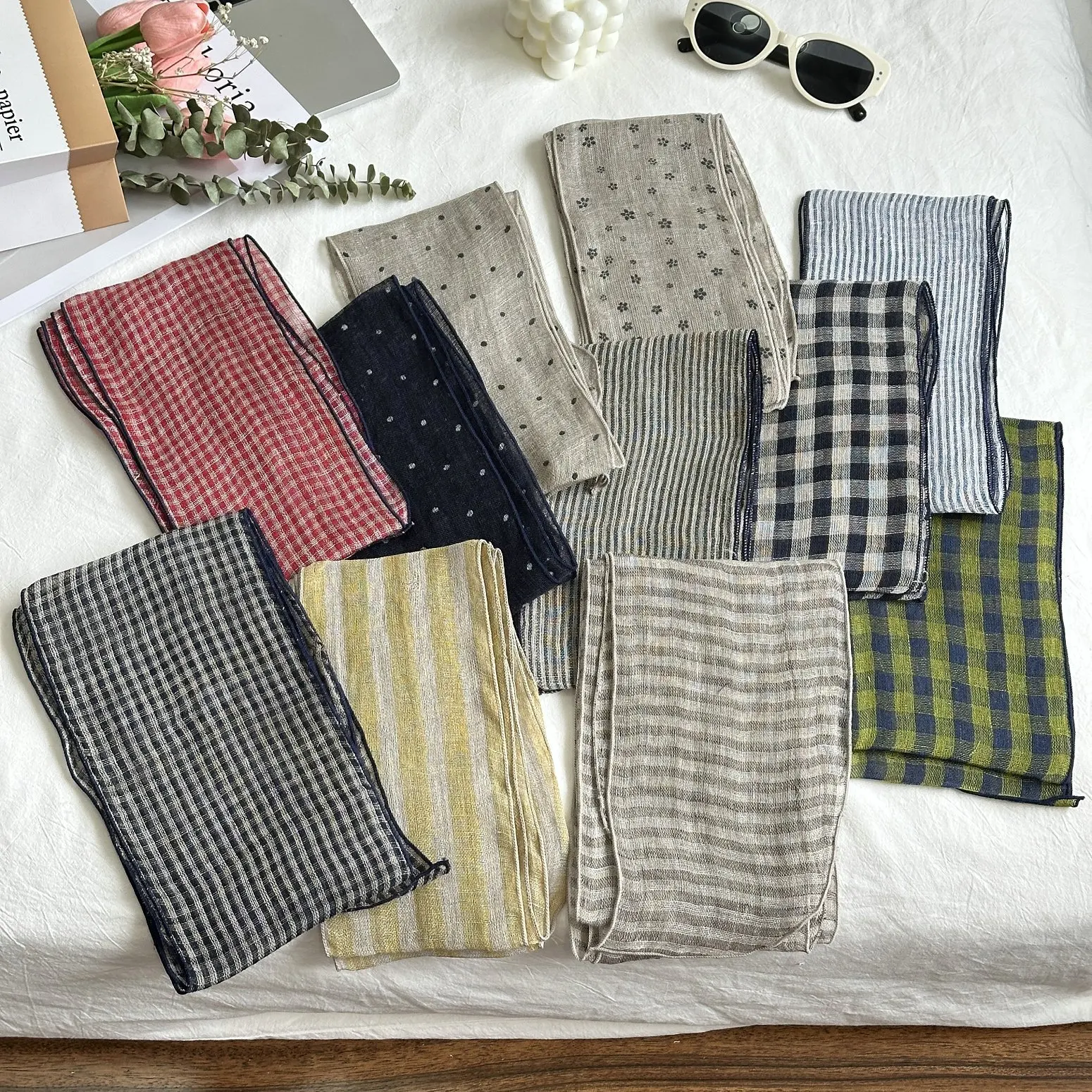 

All-Matching High-Grade 100% Linen Long Narrow Thin Scarf Spring and Autumn New Women's Small Scarf Hair Band Arm Bag Ribbon