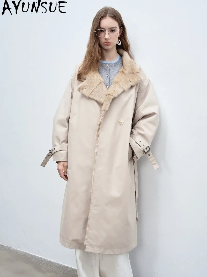 AYUNSUE 90% White Goose Down Coat Genuine Sable Fur Collar Womens Warm Winter Clothes Long Length Elegant Coats Abrigos De Mujer