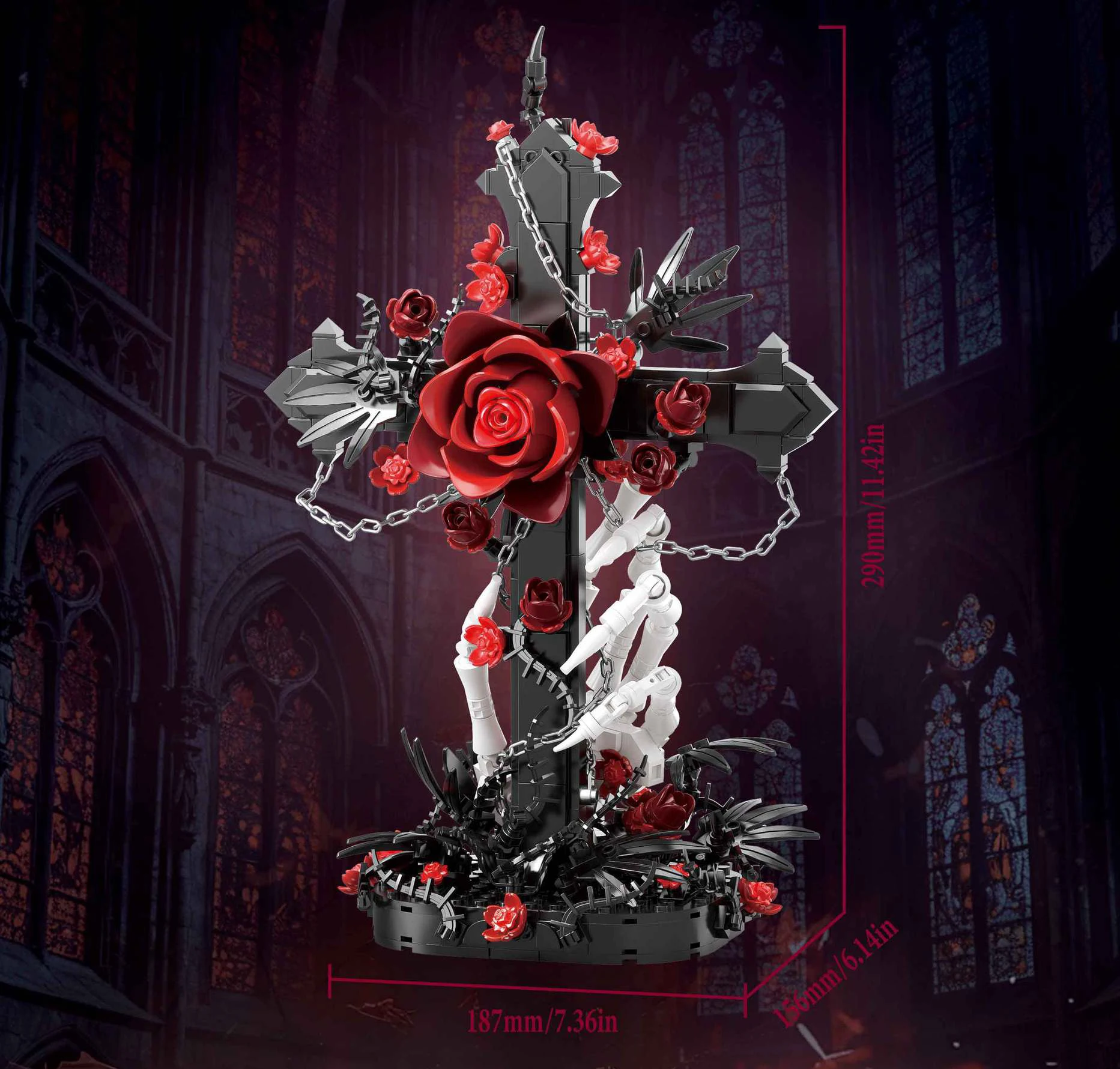 Idea Baustein Rote Rose Deudtion Lernspielzeug Blumen-Skelett-Hand Kreuz-Konstruktions-Baustein-Modell Sammlerstück Schreibtisch-Deko – Detail 4
