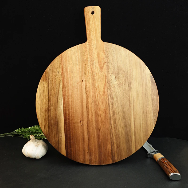 

Double sided usable Acacia wood circular cutting board with handle end cutting board, fruit, vegetable, meat cutting board, stea