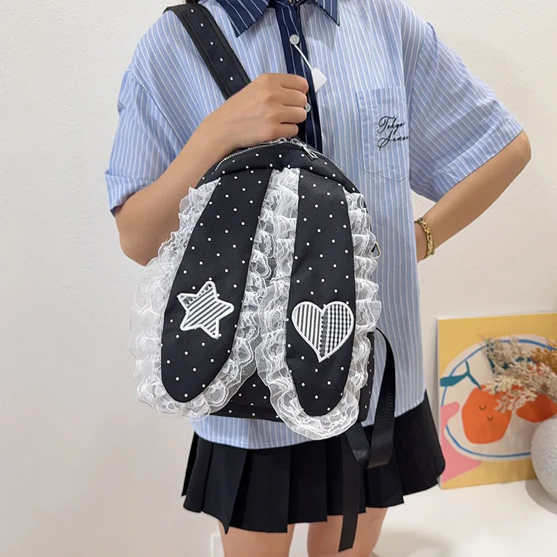 Cute Polka‑dot  Bunny  Ear Backpack for Women Lace Star Embroidery Dual‑strap Parent-child Mini Shoulder Bag Commuter Handbag