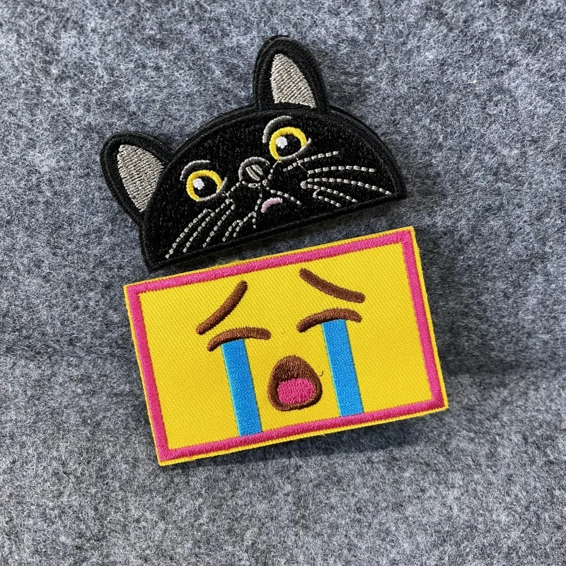 Black Cat Cute Embroidered Hook and Loop Patch Armband Emblem Crying Face Expression Morale Badge Backpack Tactical Patch