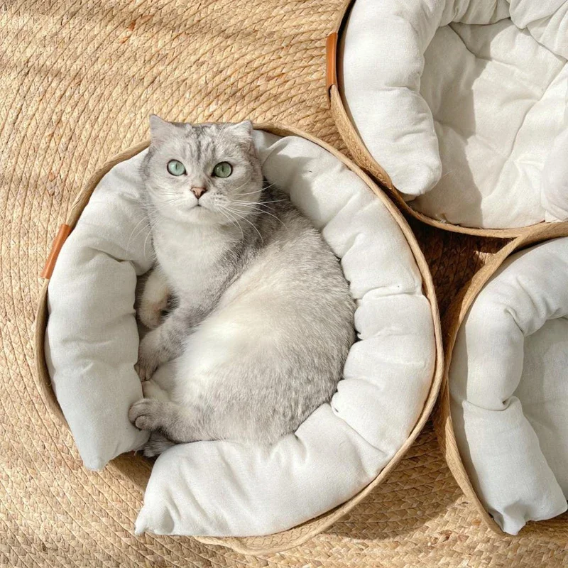 1PC Rattan Woven Pet Cat Bed with Cushion Warm Round Sleeping Basket Sweet Cat Bed Removable Cushion Sleeping House Pet Product