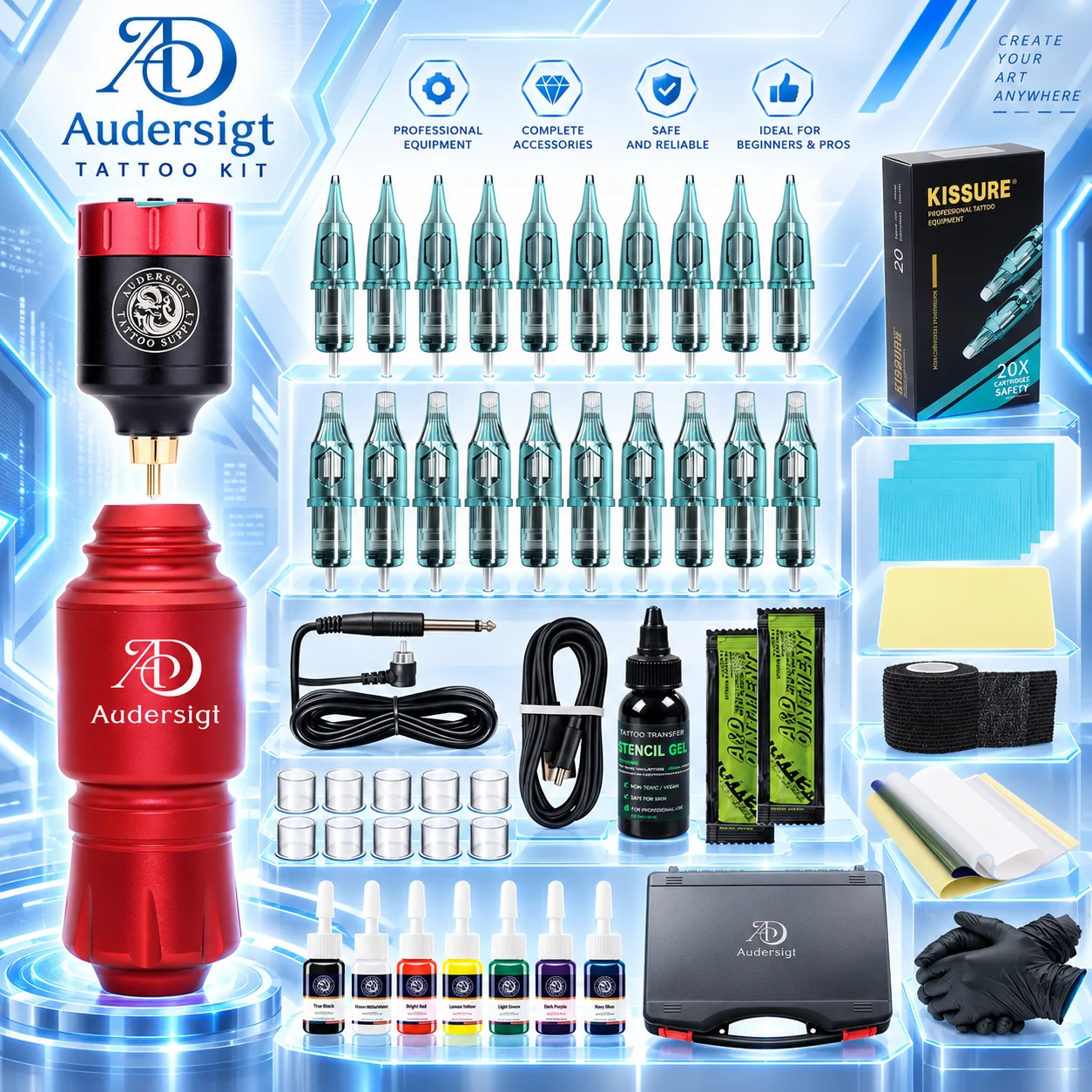 Audersigt Wireless Rotary Tattoo Machine Kit Complete Tattoo Pen Set for Permanent Makeup Tattoo Artists