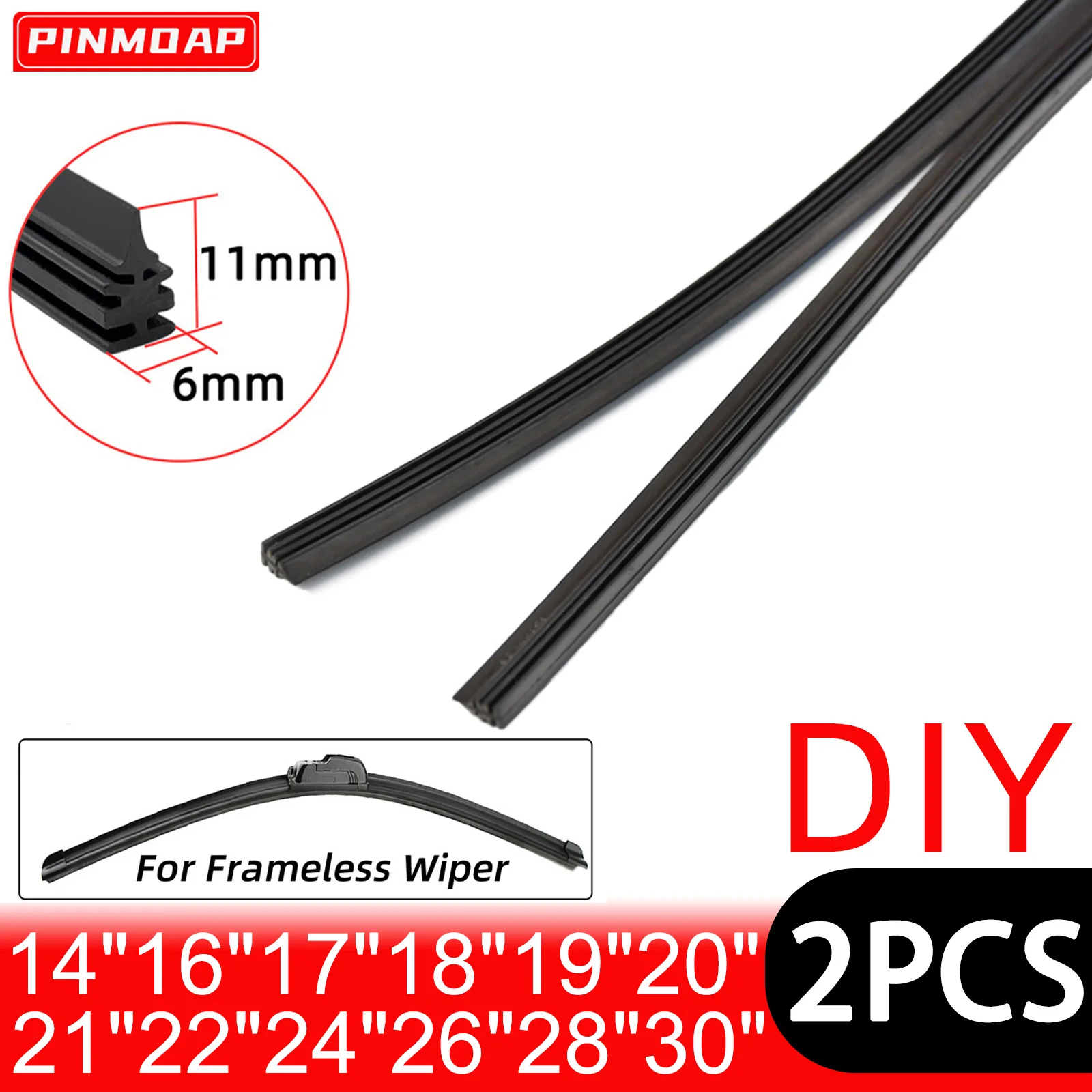 PINMOAP 2PCS Wischer Gummi Streifen Geeignet Für Rahmenlose Scheibenwischer Auto Wischer Klinge Ersatz Strip14"16"18"19"20"21"22"24"26"28"30"
