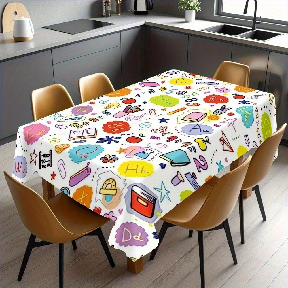 Tablecloth 1PC - A back-to-school themed tablecloth featuring colorful letters and educational iconsxzj