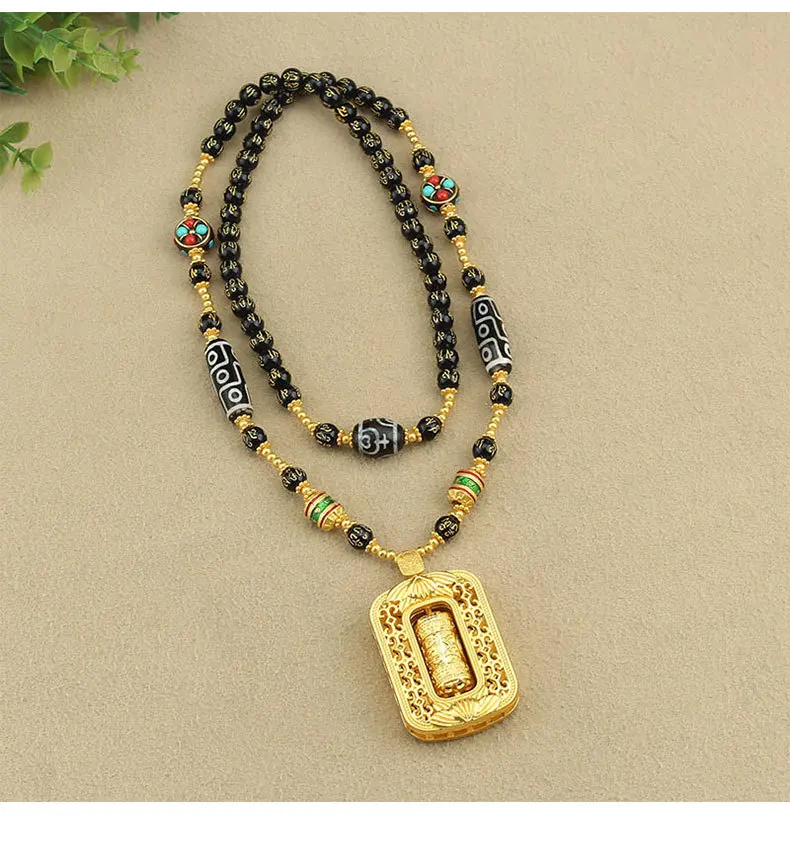 Sand Gold Farbe Anhänger Sechs Charakter Sprichwörter Achat Tianzhu Tangka Halsketten Männer Frauen High-End Lange Halskette Mode Schmuck – Detail 7