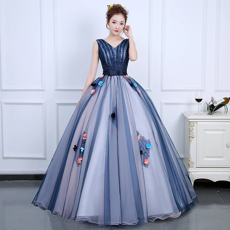 

Dark Blue Vestidos De Quinceaneras New V-neck Classic Sleeveless Floor-length Prom Dresses Colorful Floral Tulle Sukienka Balowa