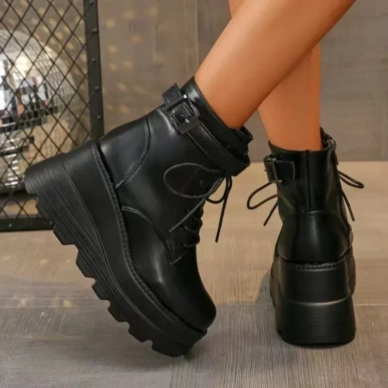 Women's Shoes on Sale 2024 Ankle Women's Boots High Heel Modern Boots Women Side Zip Round Toe Front Lace-up Wedge Female Shoes