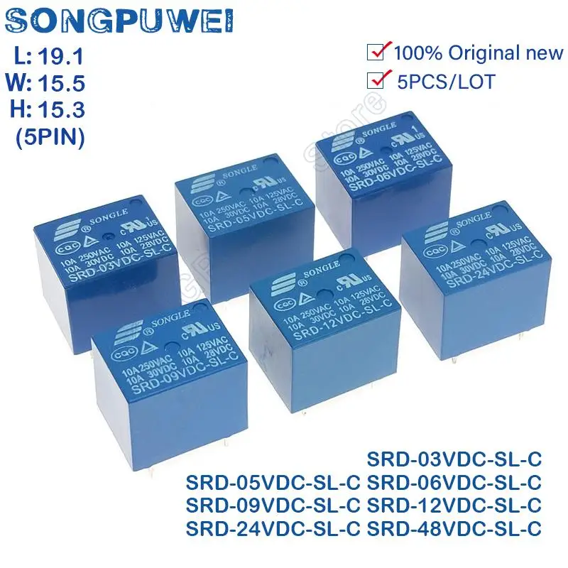 5Pcs T73 Relay SRD -3V 5V 6V 9V 12V 24V 48VDC -SL-C 10A 250VAC 5PIN SRD-05VDC-SL-C SRD-012VDC-SL-C SRD-24VDC-SL-C SRD-48VDC-SL-C