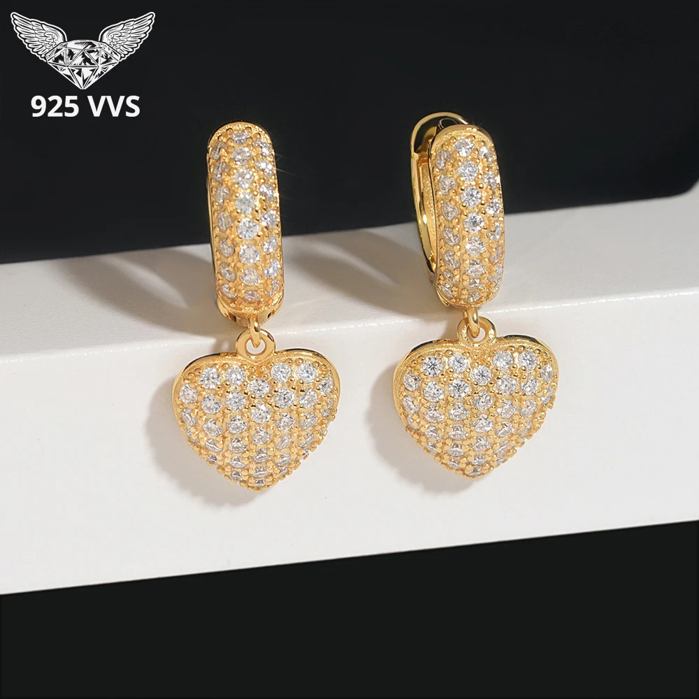 

925 Sterling Silver Heart Shaped Moissanite Stud Earrings 18K Gold Plated VVS Hip Hop Jewelry for Women