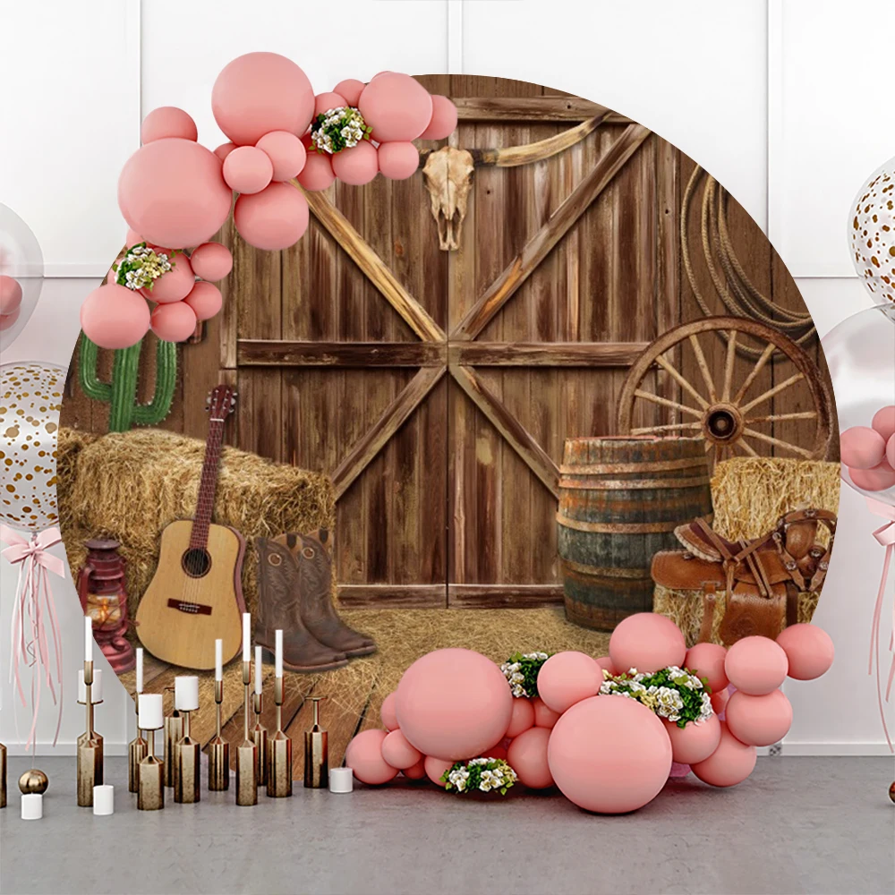 Western Farm Barn Round Bakcdrop Cover Guitar Haystack Grain Stack Wooden Door Kids Birthday Party Circle Photography Background