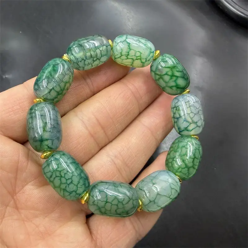 New green dragon pattern agate tube bead bracelet, green chalcedony bracelet.