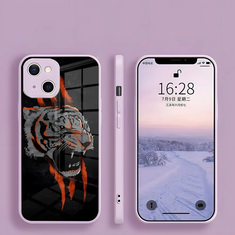 Mighty Tiger Phone Case For Iphone 15 14 13 Pro Max 12 11 Xr X Xs Mini 6 7 8 Plus Se Glass Purple Cover